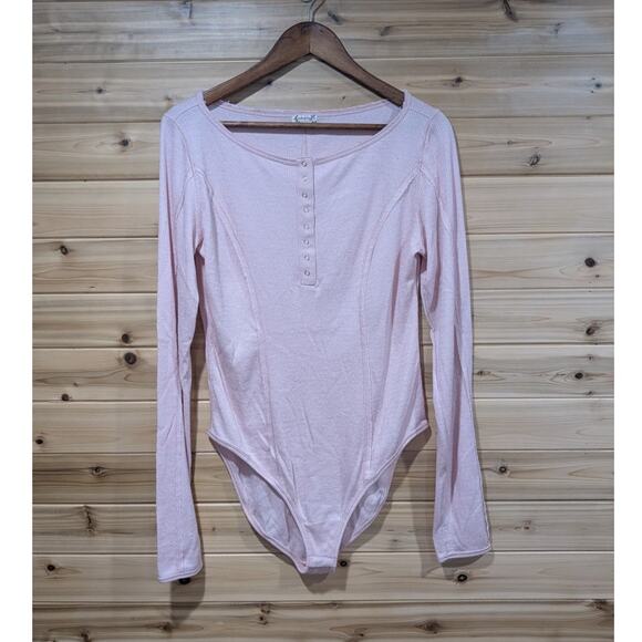 Free People Tops - Free‎ People Bodysuit Womens Large Light Pink Henley Long Sleeve